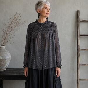 Chico's Light Gray Embroidered Beaded Sheer Blouse Top 3